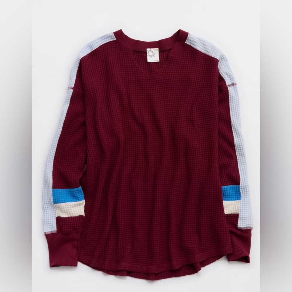 Aerie OFFLINE Wow! Waffle Notch Neck Maroon Long Sleeve T-Shirt Size XS Oversize